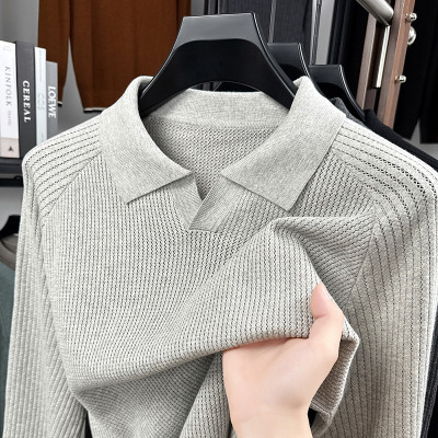 菠萝纹海鸥领纯棉针织衫男长袖t恤2025秋季新款舒适透气男士毛衣