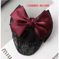 盾守头花 发网 发夹发饰 头饰网兜 蝴蝶结 二段蝴蝶结-酒红细网