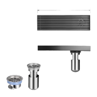 鸣固  枪灰色铜体地漏淋浴两用加厚直排防臭防虫大排量长条地漏 304不锈钢(长地漏8*20cm 侧排水)
