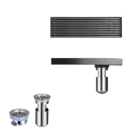 鸣固  枪灰色铜体地漏淋浴两用加厚直排防臭防虫大排量长条地漏 304不锈钢(长地漏8*40cm 侧排水)