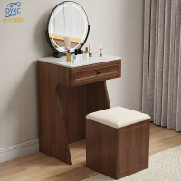点云星辰实木岩板梳妆台北欧卧室小户型化妆桌带化妆镜卧室家用收纳一体柜 梳妆台单抽+储物凳+圆镜(胡桃色)