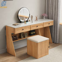 点云星辰实木岩板梳妆台北欧卧室小户型化妆桌带化妆镜卧室家用收纳一体柜 梳妆台三抽+储物凳+圆镜(原木色)