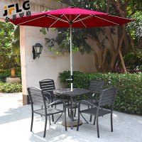 苏宁 金菲罗格 办公家具 户外露天阳台室外休闲带伞桌椅组合 塑木椅4椅圆桌配伞