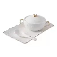 Home glen 陶瓷汤盅隔水带盖小炖罐甜品盅 68号金顶盖碗+长盘+勺 1套