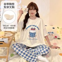 女睡衣夏季新款带胸垫圆领短袖长裤学生卡通可爱家居服外穿