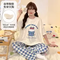 女睡衣夏季新款带胸垫圆领短袖长裤学生卡通可爱家居服外穿
