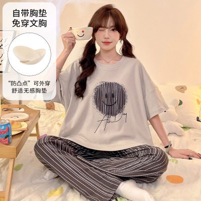 2026春夏季棉质套头短袖长裤带胸垫女士睡衣卡通休闲可外穿家居服