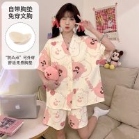 睡衣女士带胸垫夏季开衫和服V领韩版可爱仿棉短袖短裤家居服套装