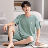 春夏季短袖睡衣男士薄款青少年休闲简约可外穿家居服套装
