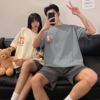 情侣秋冬季卡通套头睡衣短袖短裤女宽松休闲男士家居服可外穿套装