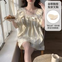 睡衣女夏天可外穿2026新款薄款短袖夏季带胸垫宽松学生家居服套装