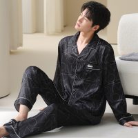 男士睡衣冰雪丝秋季长袖长裤翻领开衫可外穿家居服套装薄款凉感