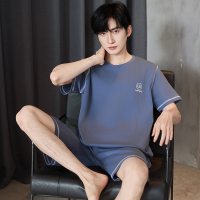 纯棉青少年睡衣男士夏季短袖圆领休闲可外穿全棉家居服男套装