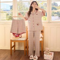 女士短袖长裤短裤带胸垫三件套开衫春夏秋薄款棉质睡衣家居服