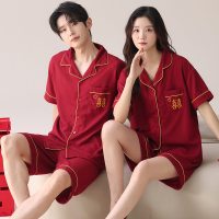 2026马年新婚红侣睡衣夏短袖仿棉囍字结婚晨袍男女家居服套装