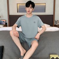 睡衣男夏季加肥加大码螺纹冰丝短袖短裤年轻简约大方家居服可外穿