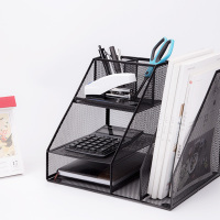 广博 (GuangBo) 金属网状多功能文件框/文件筐/带笔筒收纳架办公用品 黑 WZ9316