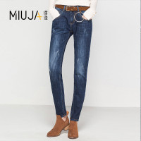 女款中腰吊磨加绒牛仔长裤