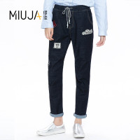 女款中腰系带字母贴布牛仔长款垮裤