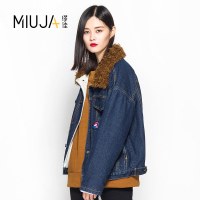 女款翻领羊羔绒加厚短款牛仔外套