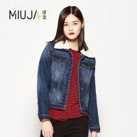 女款翻领羊羔绒加厚短款牛仔外套