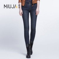 女款高腰排扣吊磨加绒保暖牛仔长裤