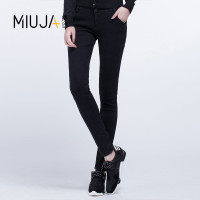 女款高腰排扣后腰松紧加绒牛仔长裤