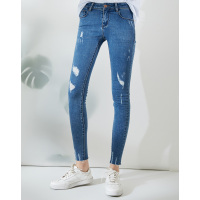 缪佳2018春季新款牛仔裤女韩版紧身显瘦破洞裤毛毛边小脚九分裤