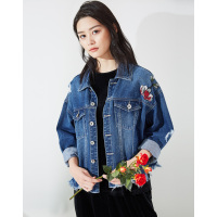 缪佳2018新款春季不规则牛仔外套女宽松显瘦绣花毛边破洞短款上衣