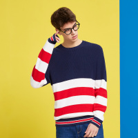 美特斯邦威毛衣男条纹原宿2018春装新款撞色圆领毛衫打底衫学生X