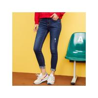 美特斯邦威牛仔裤女士冬装中腰修身破洞翻边裤子商场款X75653311940_1