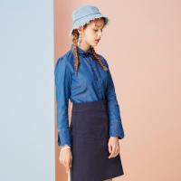 美特斯邦威牛仔衬衫女甜美2018春装新款韩版娃娃领打底衫荷叶袖603528