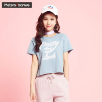 美特斯邦威短袖T恤女士春印花针织牛仔衫225604专柜款