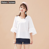 美特斯邦威衬衫女装棉麻纯色七分喇叭袖225748_1