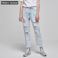 美特斯邦威牛仔裤女夏装磨破水洗牛仔裤246901