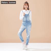 美特斯邦威牛仔背带裤女秋装破洞裤子潮246999