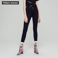 美特斯邦威牛仔裤女2018夏季新款斜边口袋简约高腰牛仔长裤商场款756682