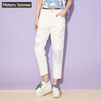 美特斯邦威牛仔裤女士夏装拼色膝盖绣花246888