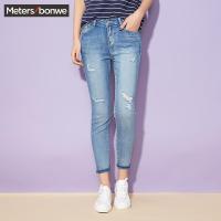 美特斯邦威牛仔裤女夏装割破紧身九分裤246883