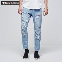 美特斯邦威牛仔裤男夏装宽松磨破牛仔裤756140