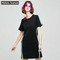 美特斯邦威短袖连衣裙秋季黑色条纹拼接中长款T恤裙直筒241275