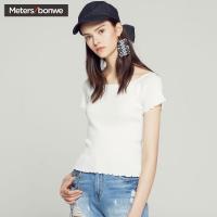 美特斯邦威针织衫女2018夏新款一字领木耳边冰爽感短袖毛衫商场款215613