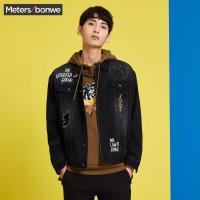 美特斯邦威夹克男士2018春装新款字母刺绣街头潮牛仔外套商场款734174
