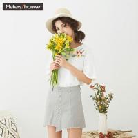 美特斯邦威短袖衬衫女雪纺衫绣花chic韩风上衣学生2018夏装新款603678