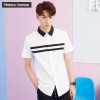 美特斯邦威短袖衬衫男装2018夏季新款撞色条纹韩版休闲短袖衬衫Q 661286