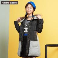 美特斯邦威羽绒服女士冬装中长款修身假两件拼色大毛领撞色外套238973