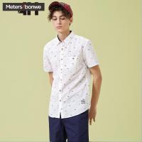 美特斯邦威旗下4M短袖衬衫男2018夏季新款麻棉印羽毛图案休闲舒适610300
