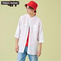 美特斯邦威旗下4M短袖衬衫男2018夏季新款亚麻简约舒适收袖衬衣610303