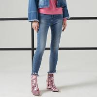 美特斯邦威2018秋装新款欧美风修身潮流长裤脚口流苏边牛仔裤女