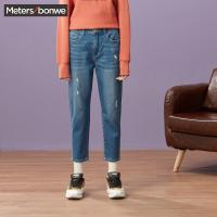 美特斯邦威牛仔裤女九分破洞直筒裤bf风韩版潮裤子2018秋装新款